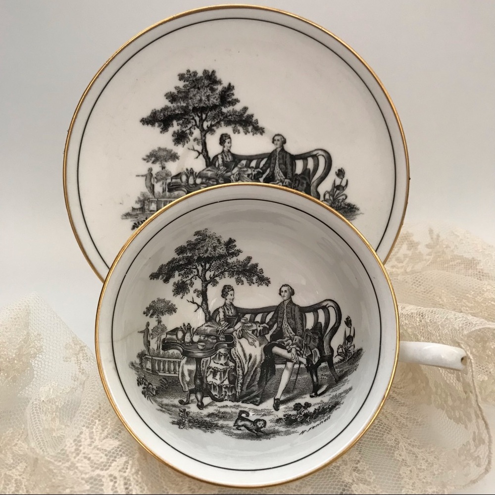 Vintage royal chelsea black and white couple couple teacup and saucer
